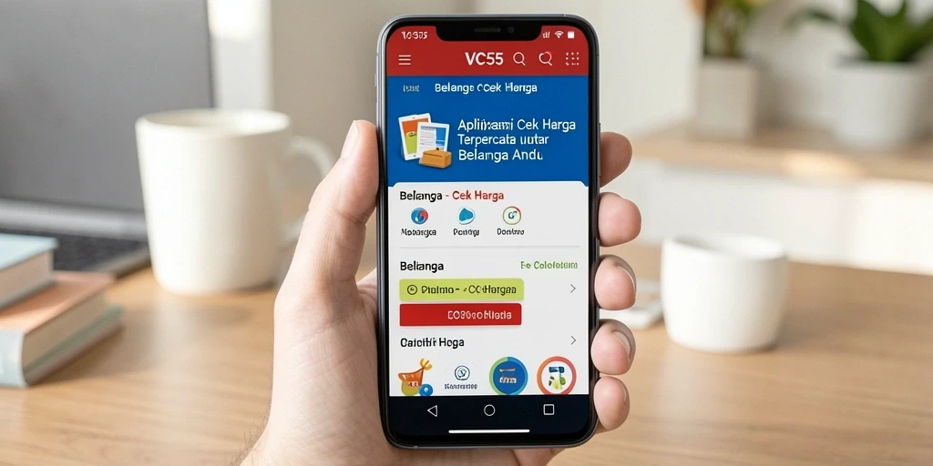 Screenshot utama VC55 menampilkan antarmuka Cek Harga yang informatif dan mudah digunakan.