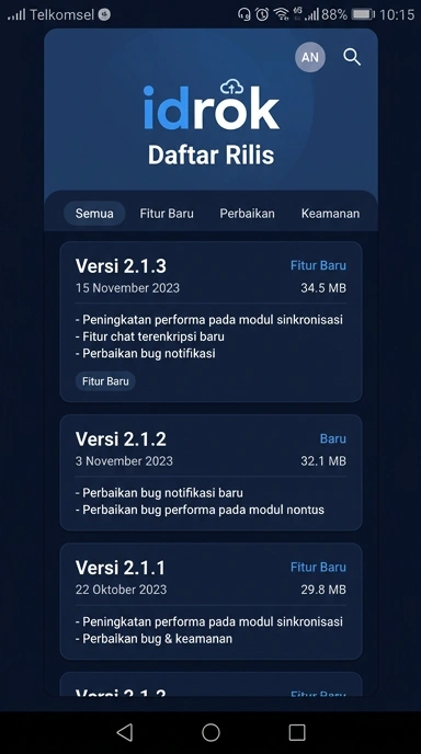 Tampilan riwayat versi idrok